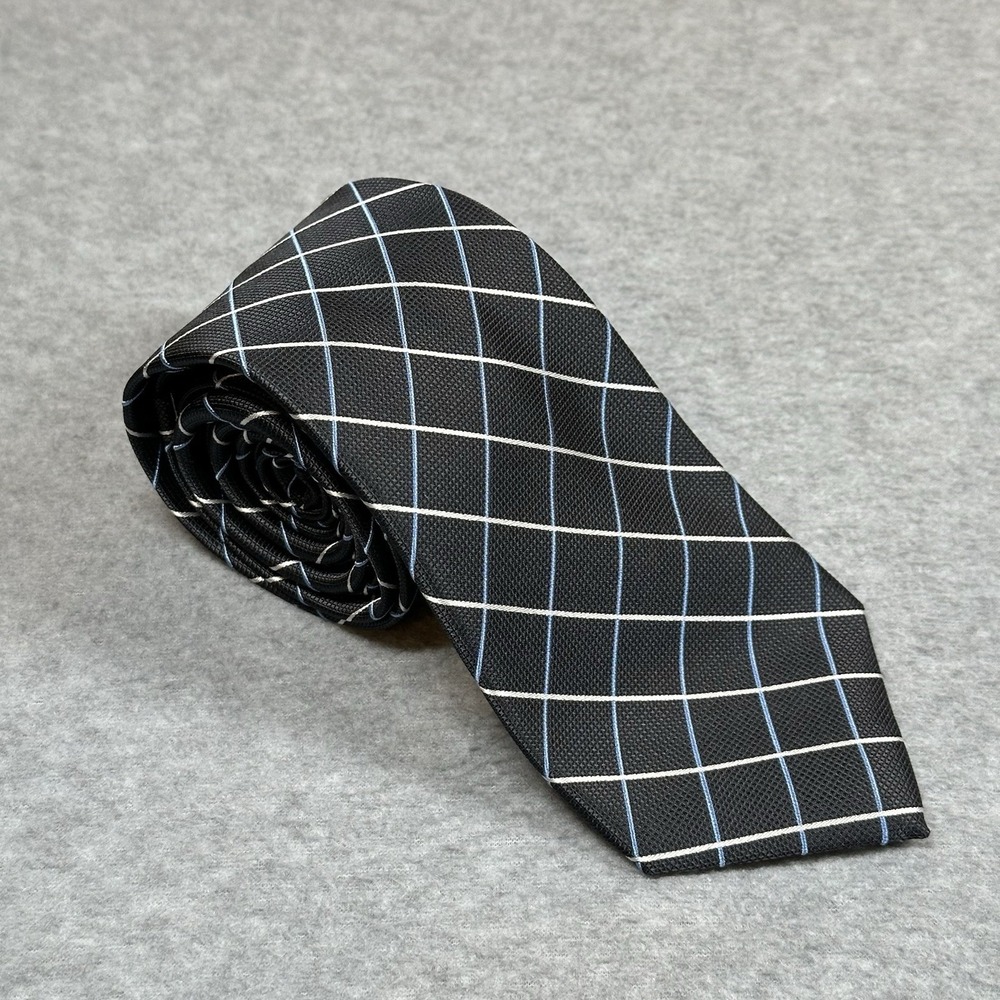 Nordstrom Men's Shop Tie XL Black Blue White Plaid Windowpane Necktie 63x3.5"